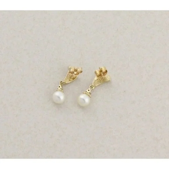 10k Yellow Gold Freshwater Pearl Earrings Dangle Drop - Picture 5 of 9